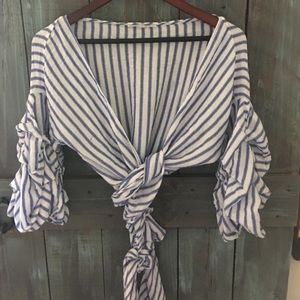 Blue and White striped wrap blouse